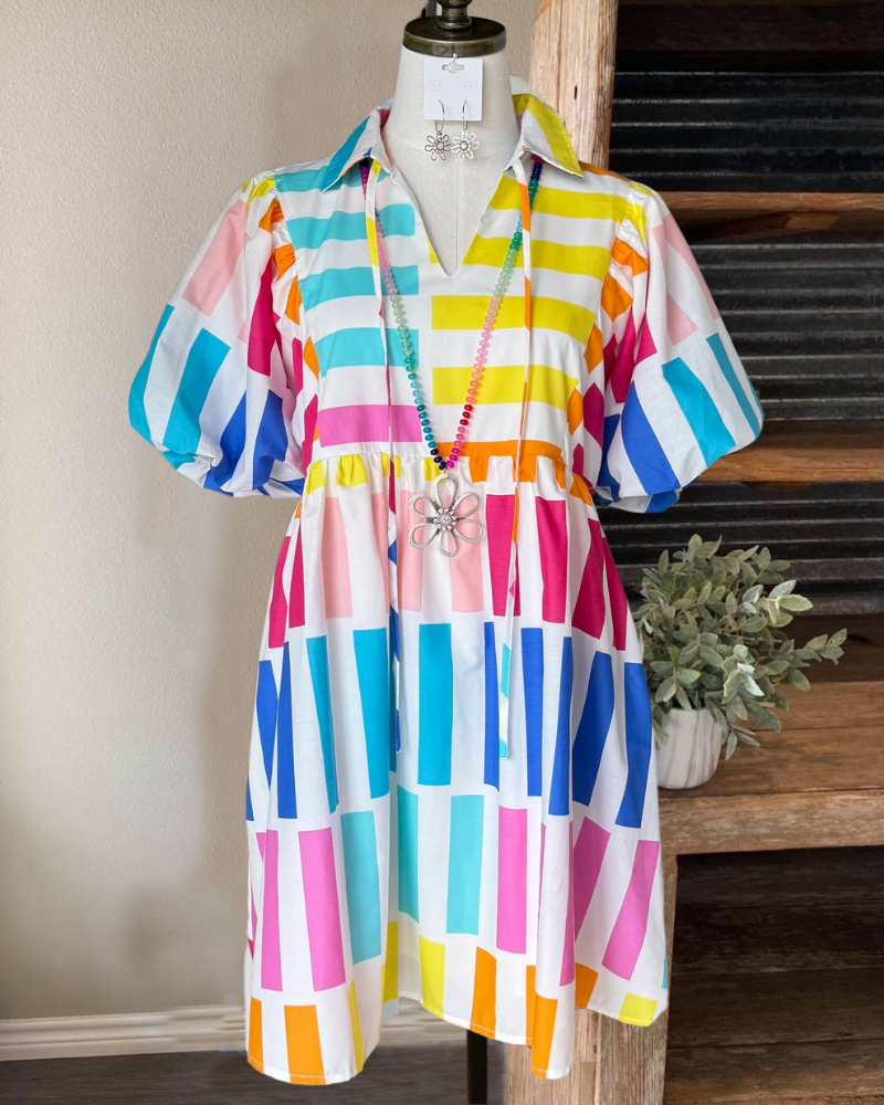 Playful Rainbow Check Satin Dress