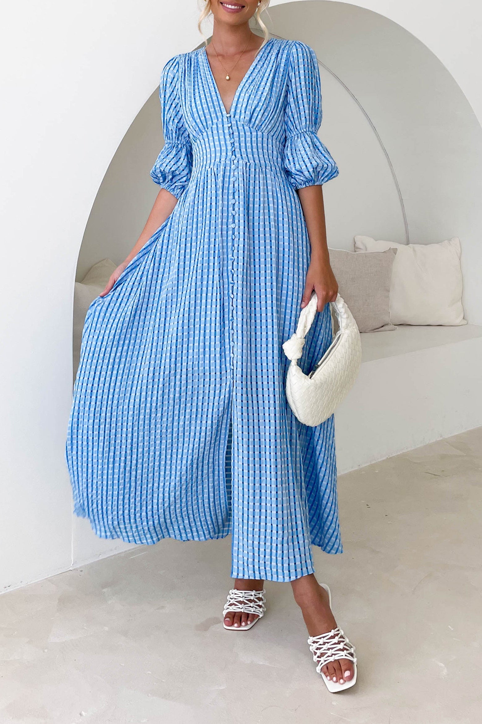 Small Squares Maxi Dress-Blue