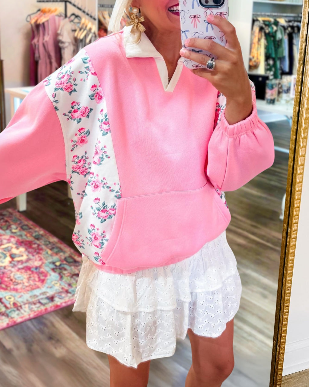 Floral Color Block Lapel Sweatshirt