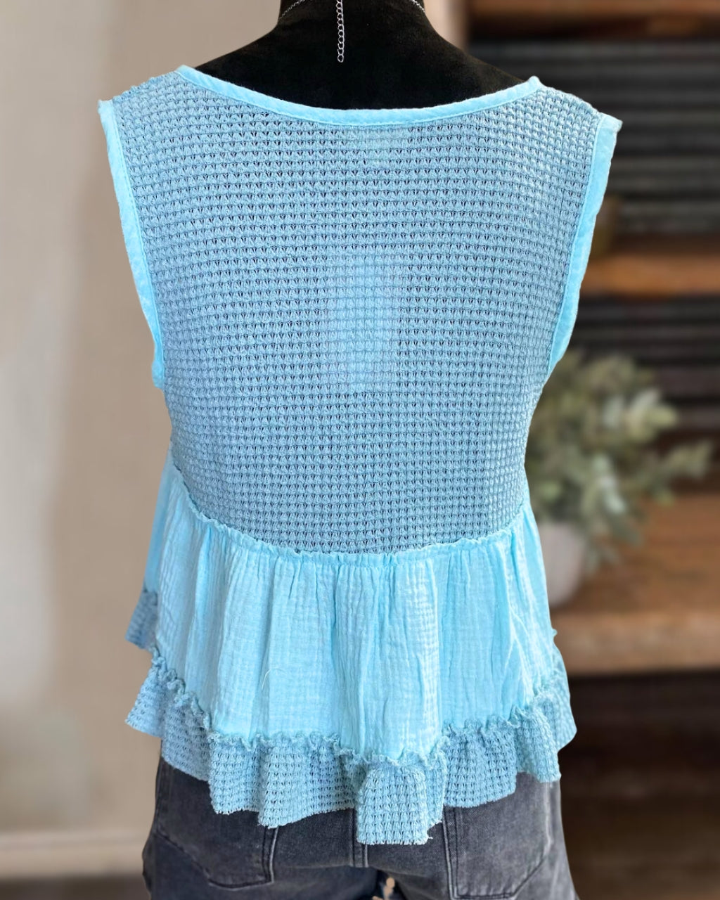 Light Blue V-neck Ruffle Tank