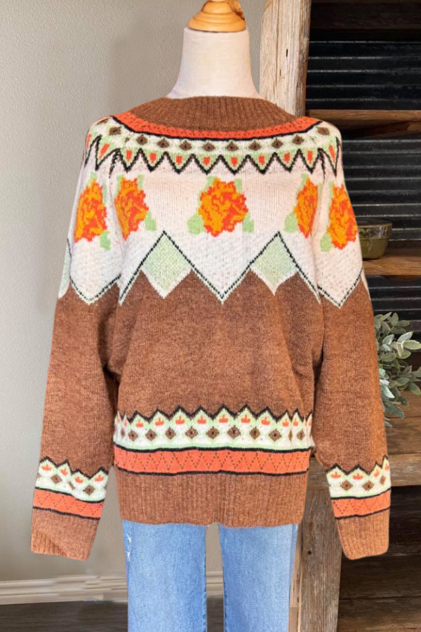 Vintage Floral Geometric Knit Sweater