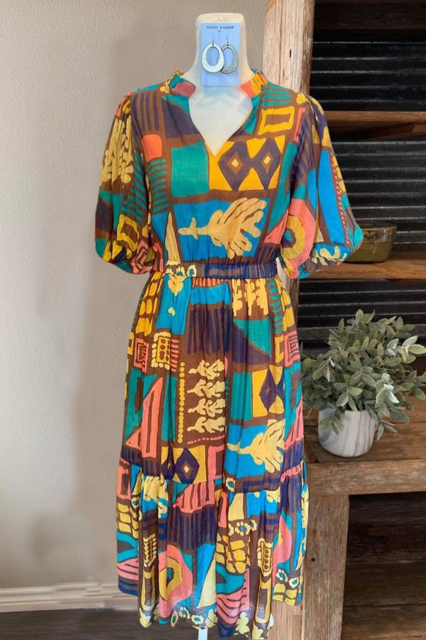 Abstract Print V-neck Maxi Dress