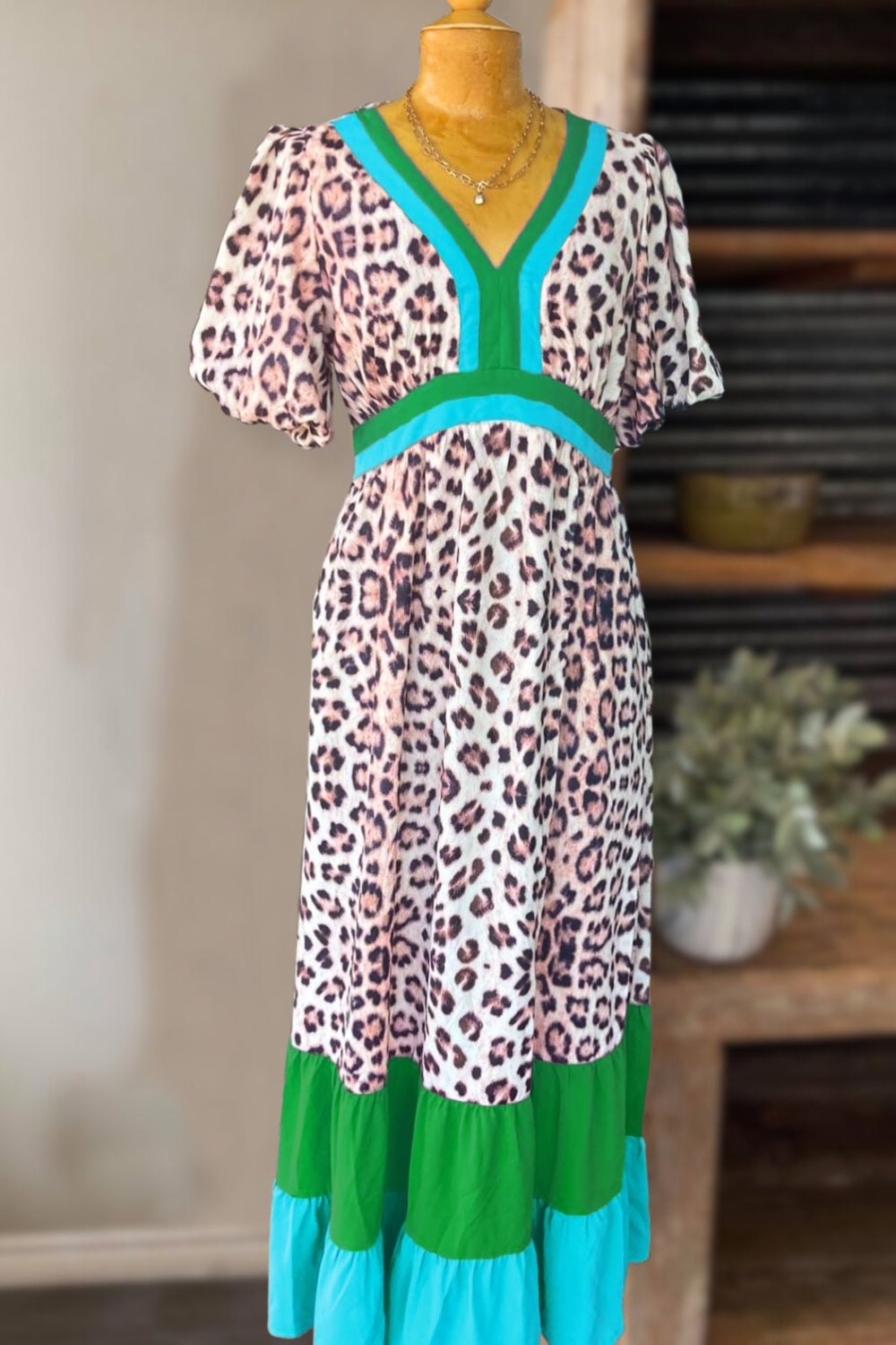 Color Blocked Leopard Patchwork Midi Dress