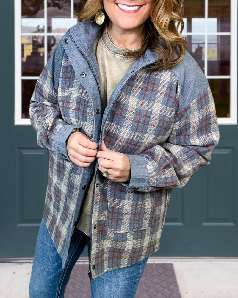 Classic Plaid Button Zip Jacket