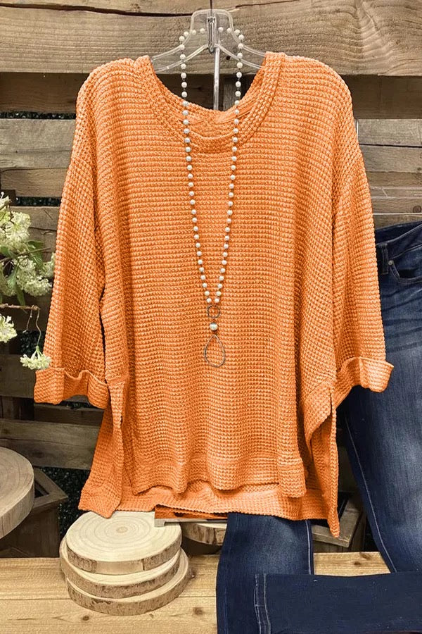 Orange Cotton Waffle Pullover