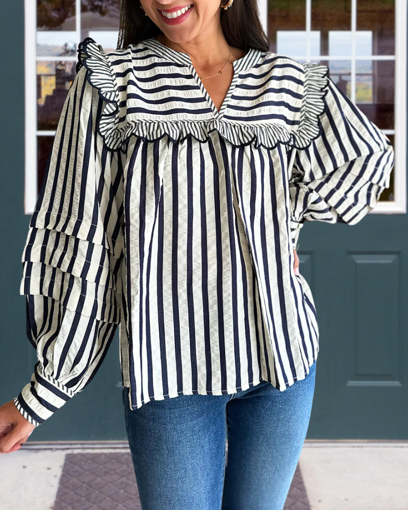 Ruffled Pleated Striped Blouse