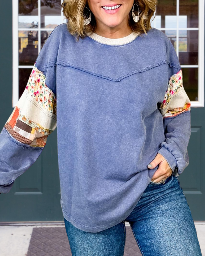 Floral Patchwork Distressed Sweatshirt