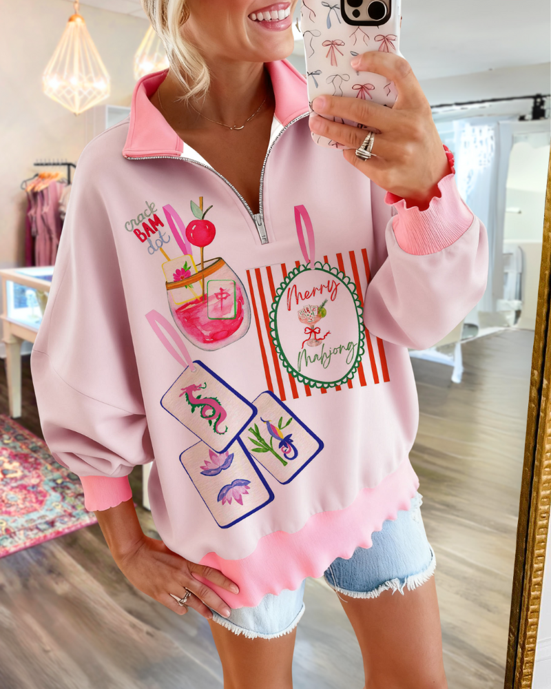Mahjong Print Half-Zip Sweatshirt