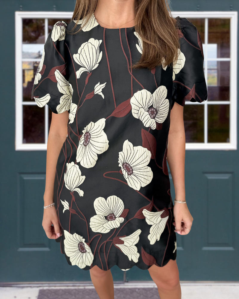 Floral Scallop Trim Satin Mini Dress