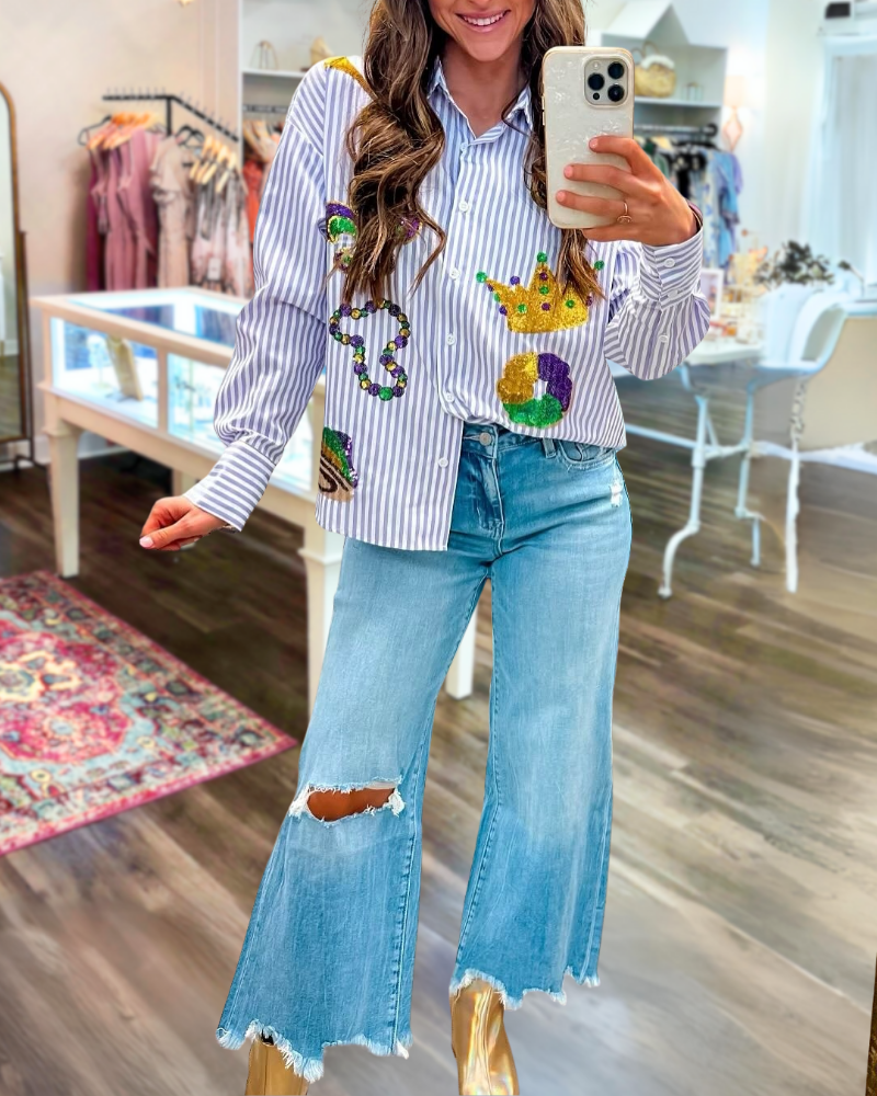 Mardi Gras Sequined Striped Shirt