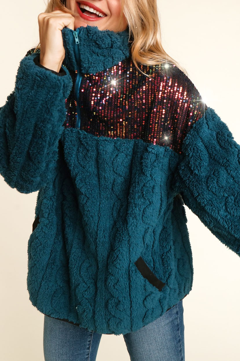 Sequined Textured Plush Pullover