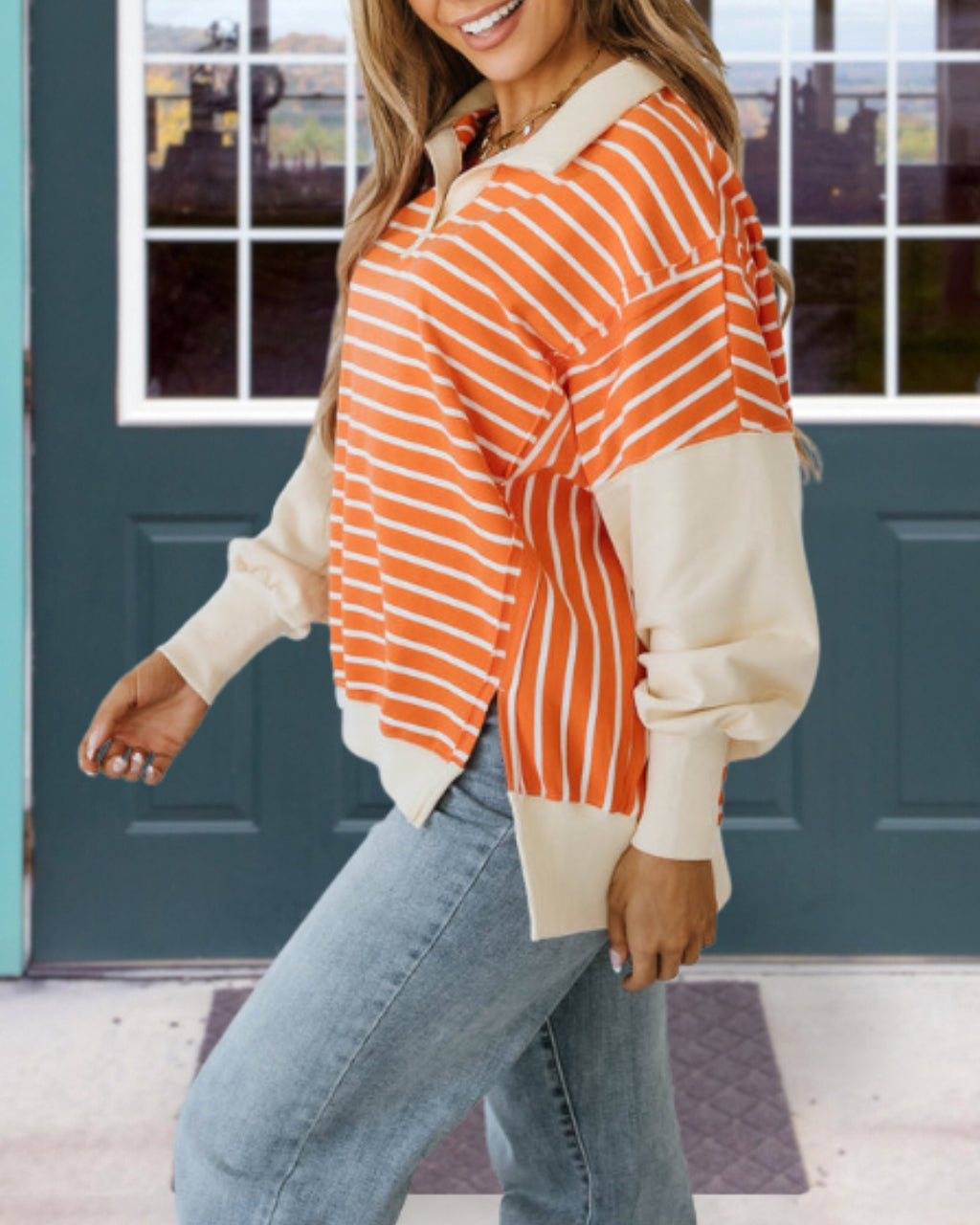 Collar Neck Striped Sweatshirt