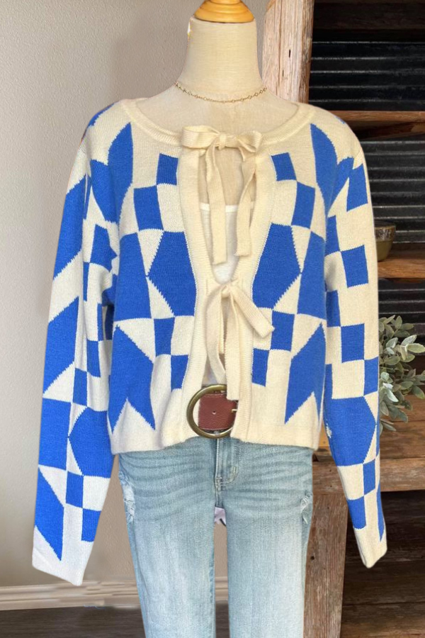 Geometric Pattern Bow Cardigan Sweater