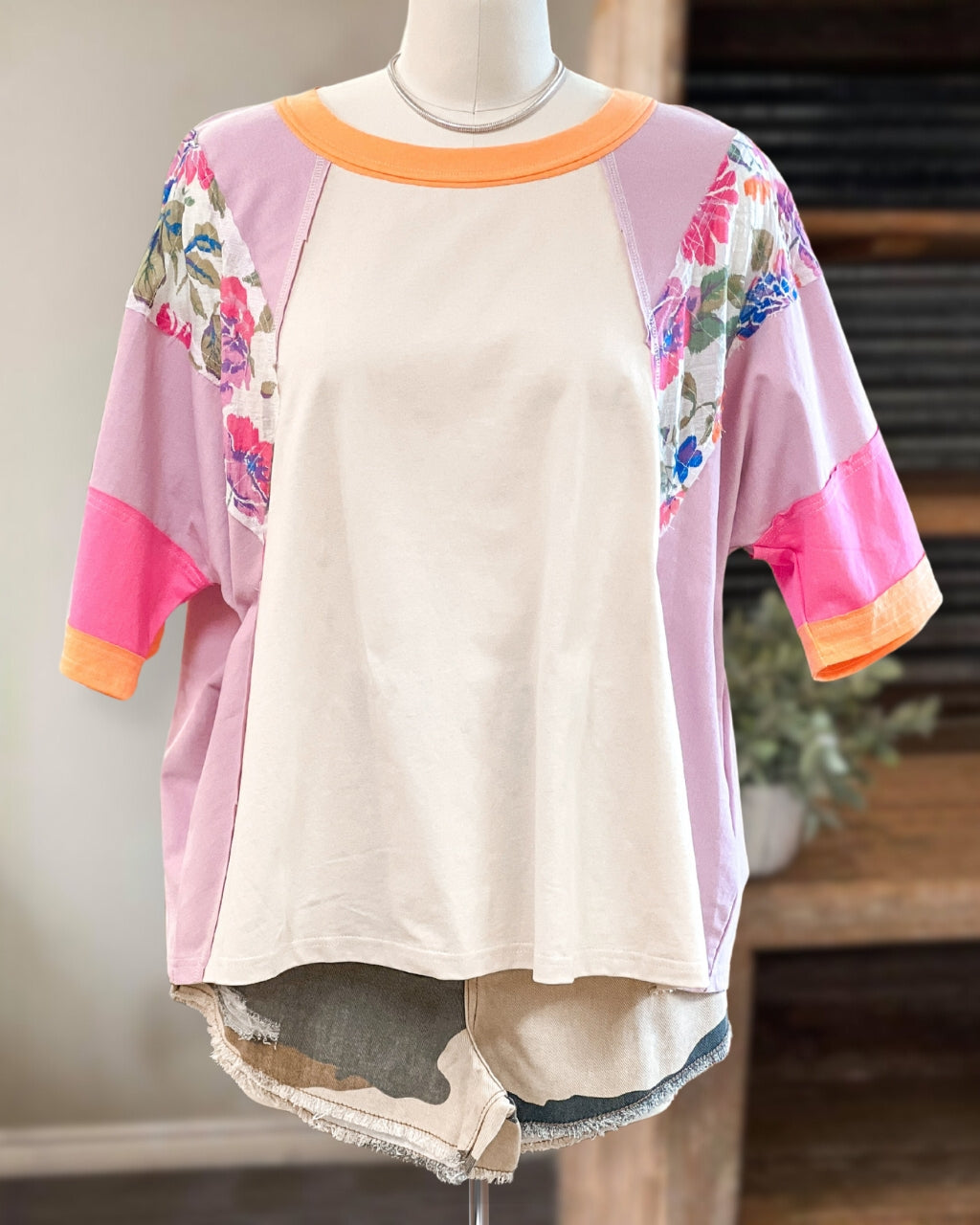 Floral Seams Color Block Oversize Tee