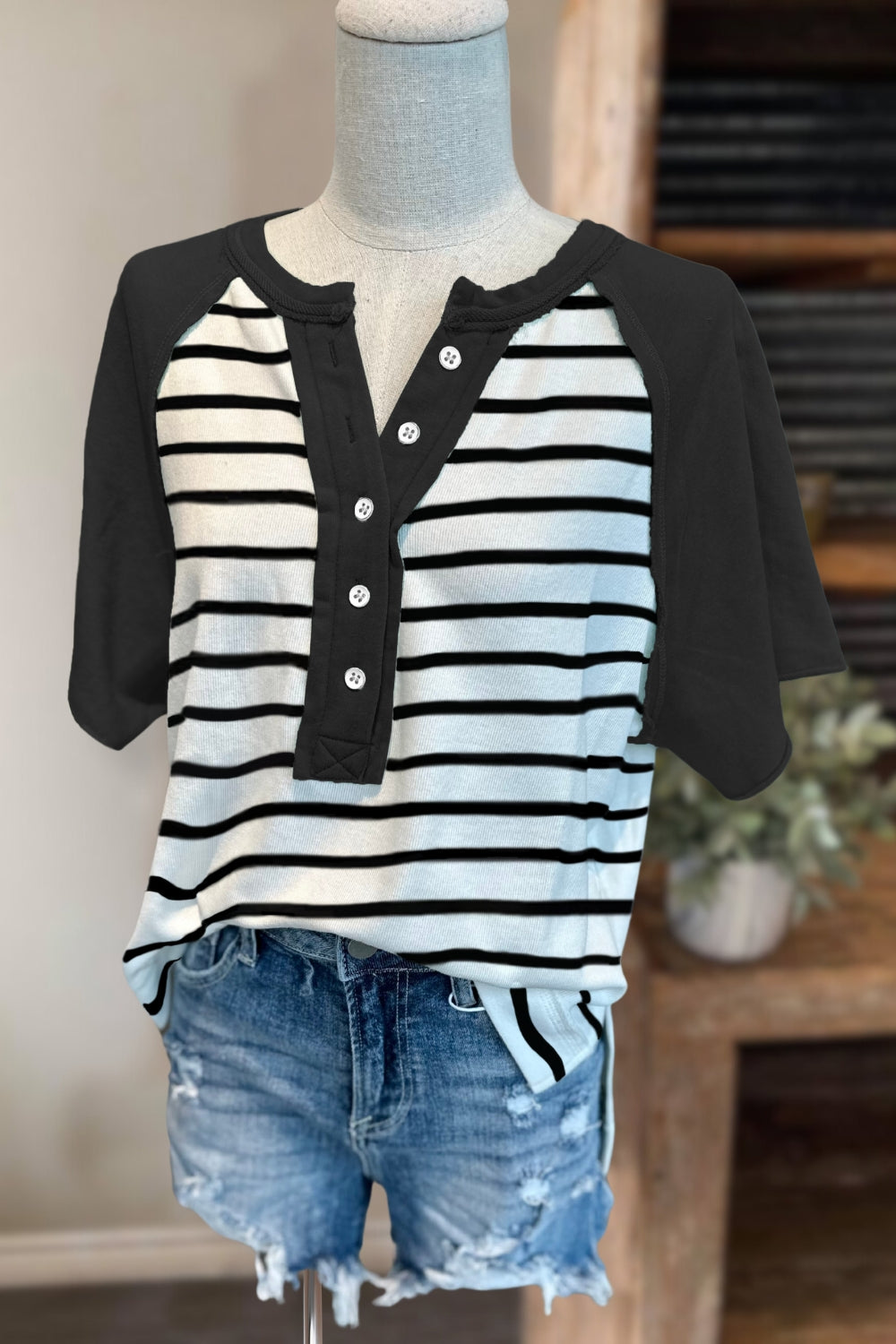 Striped Color Block Henley Top