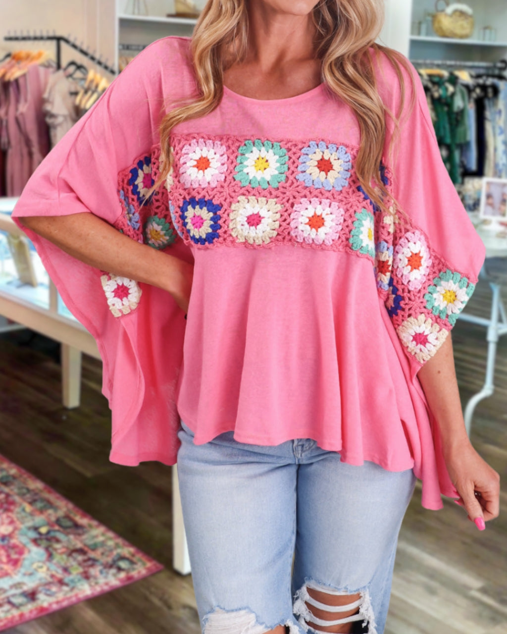 Retro Blossom Crochet Tunic Top