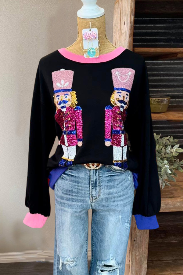 Colorblock Nutcracker Soldier Sequined Sweatshirt