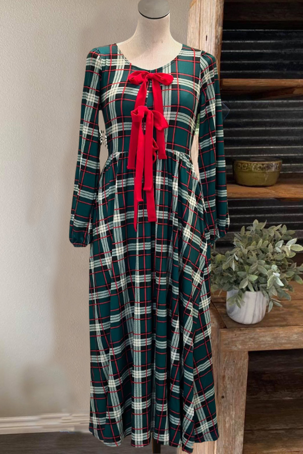 Bow Ribbon Check Maxi Dress