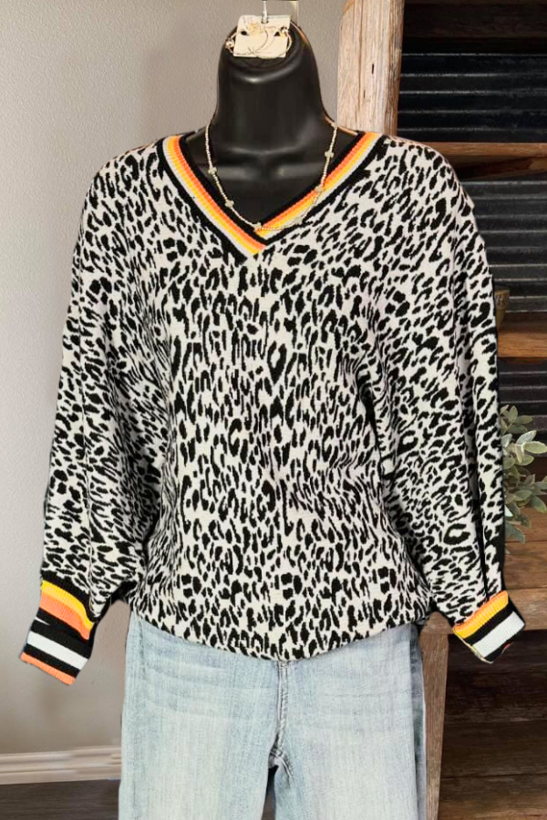 Striped Trim Leopard Print Sweater