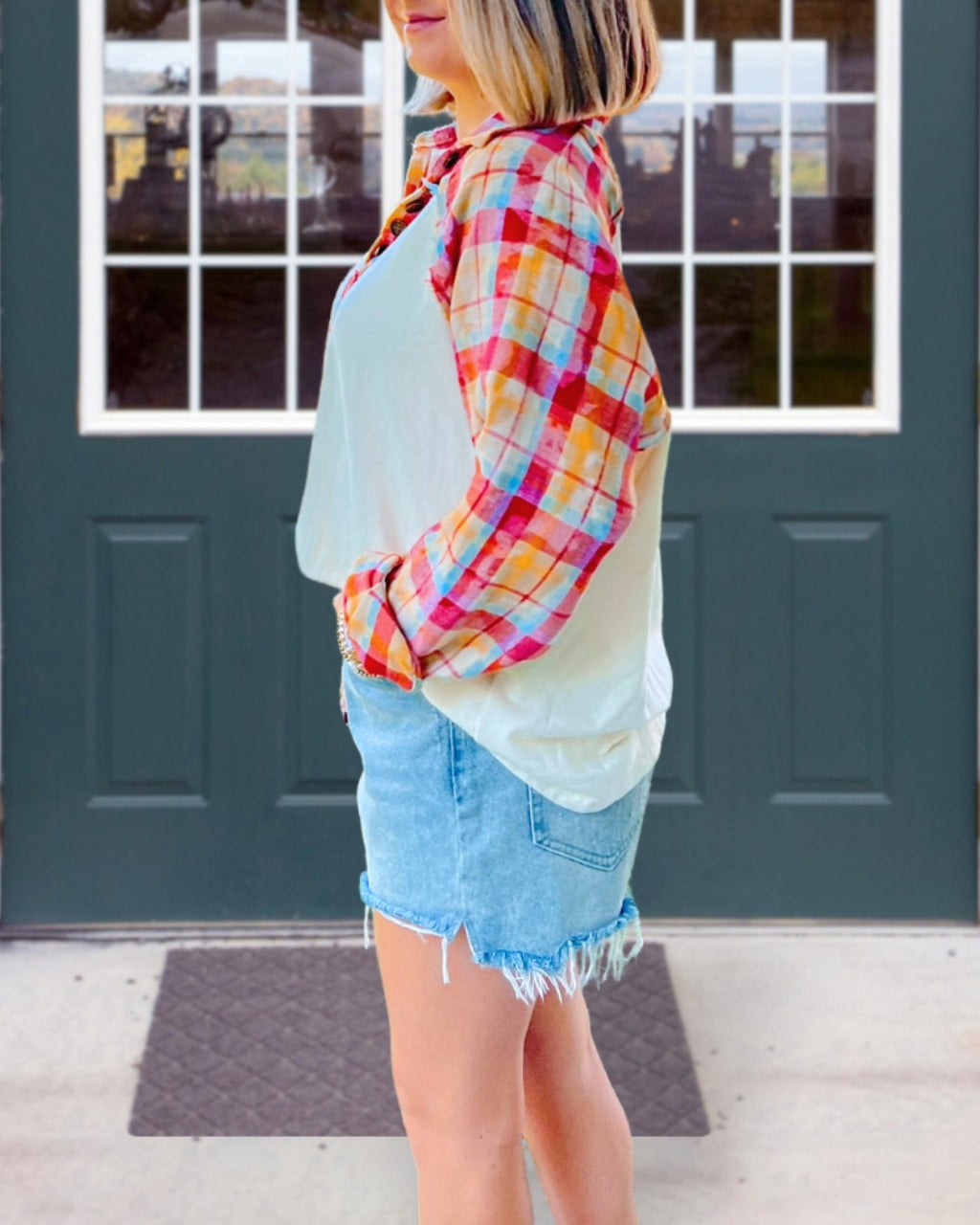 Multi-Color Plaid Sleeves Top