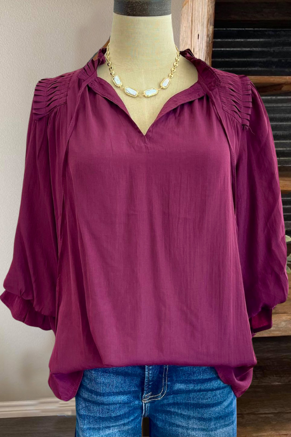 Ruffled Pleated Satin V-Neck Top