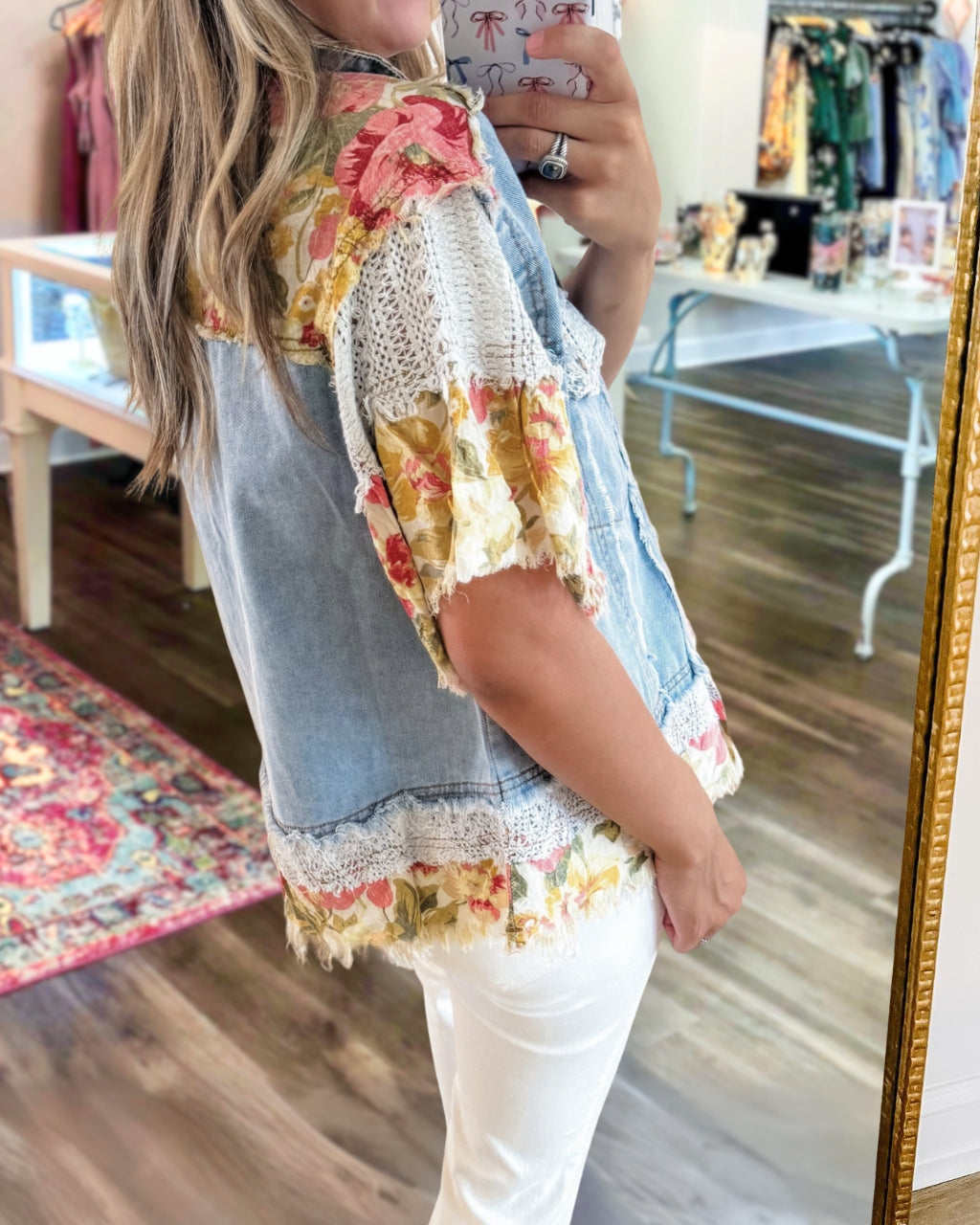 Floral Denim Button-Down Top