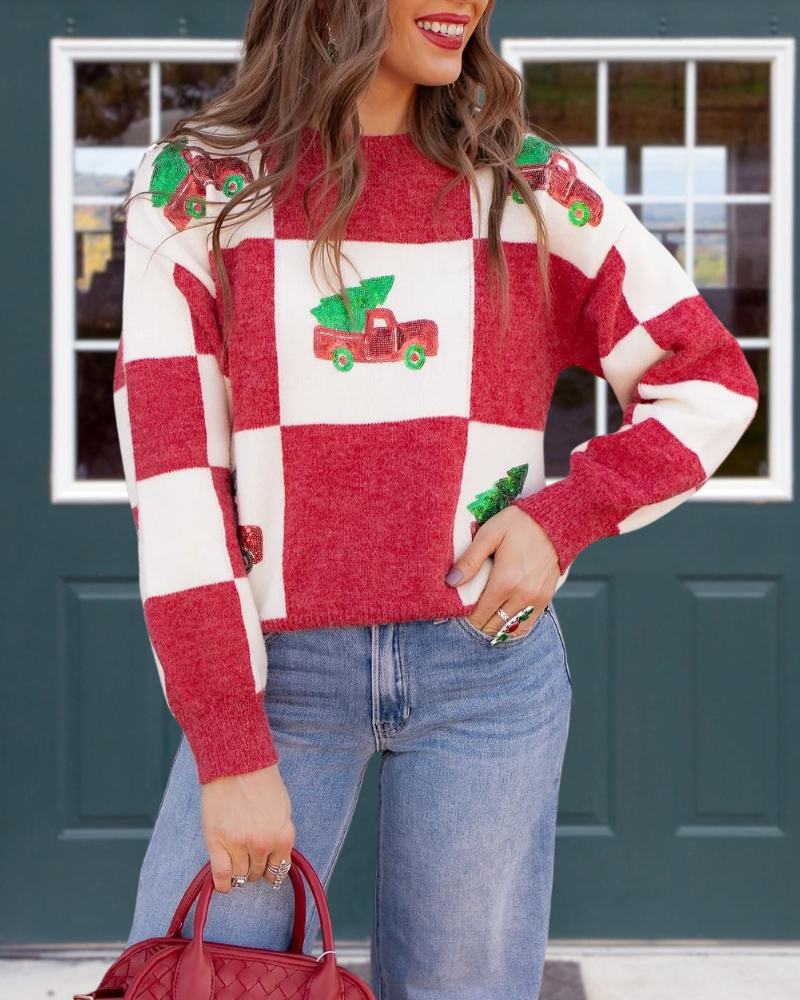 Truck Tree Sequin Checkered Pullover