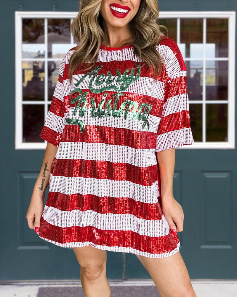 Merry Christmas Sequin Striped Dress