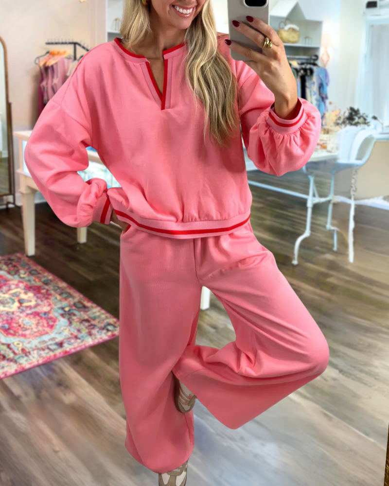 Casual Contrast Striped V-Neck Set