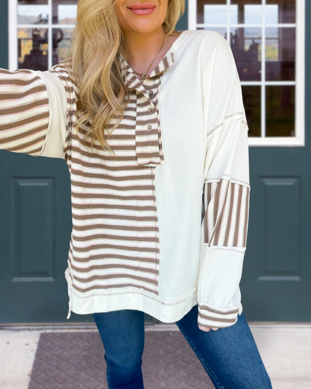 Waffle Striped Patchwork Sweatshirt