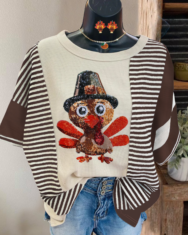 Playful Turkey Sequin Striped T-shirt