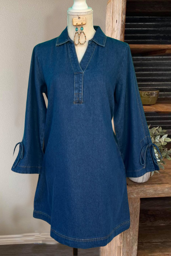 A-line V-neck Denim Dress