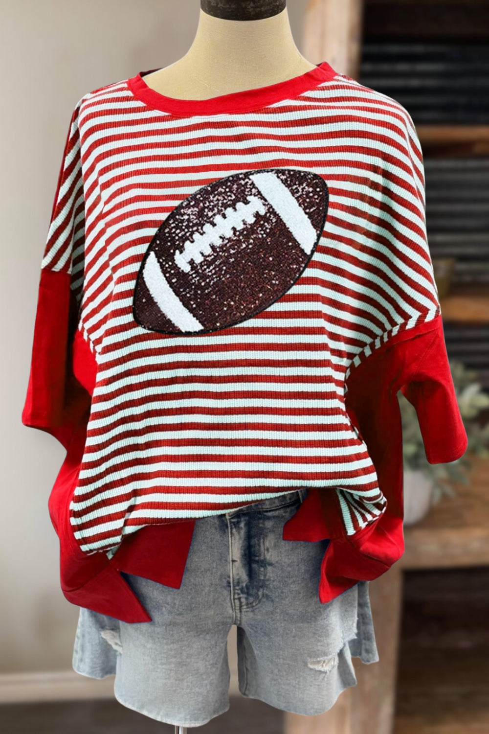 Glittery Football Striped Oversized Tee