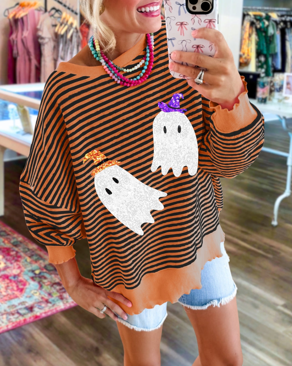 Sequin Ghost Striped Pullover