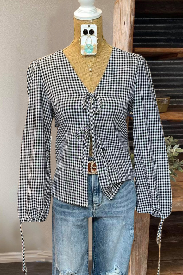 Plaid Lace-Up V-Neck Blouse