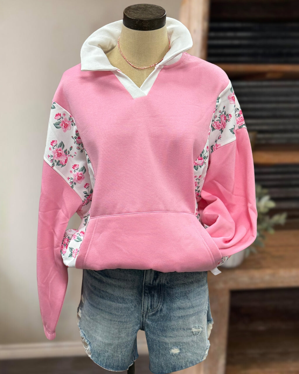 Floral Color Block Lapel Sweatshirt