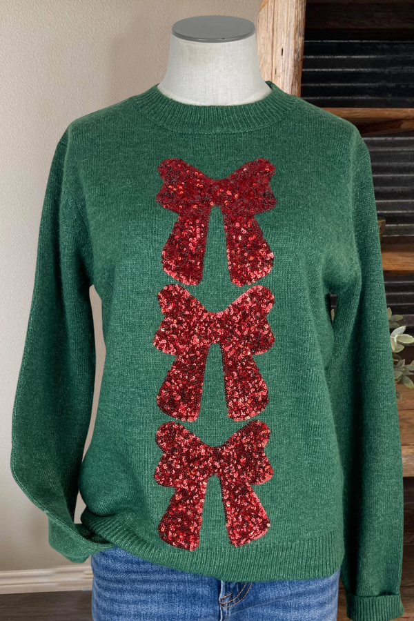 Bow Sequined Crew Neck Sweater