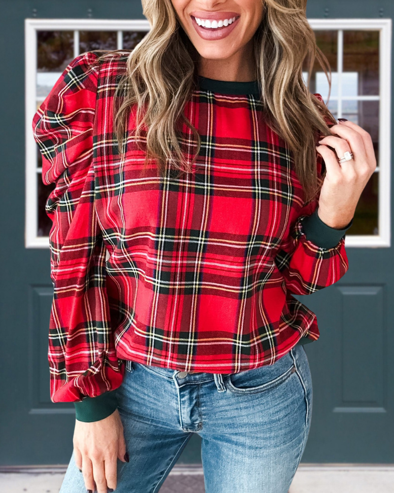 Festive Plaid Crew Neck Top