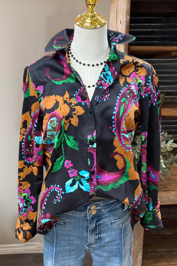 Painted Floral Satin Blouse