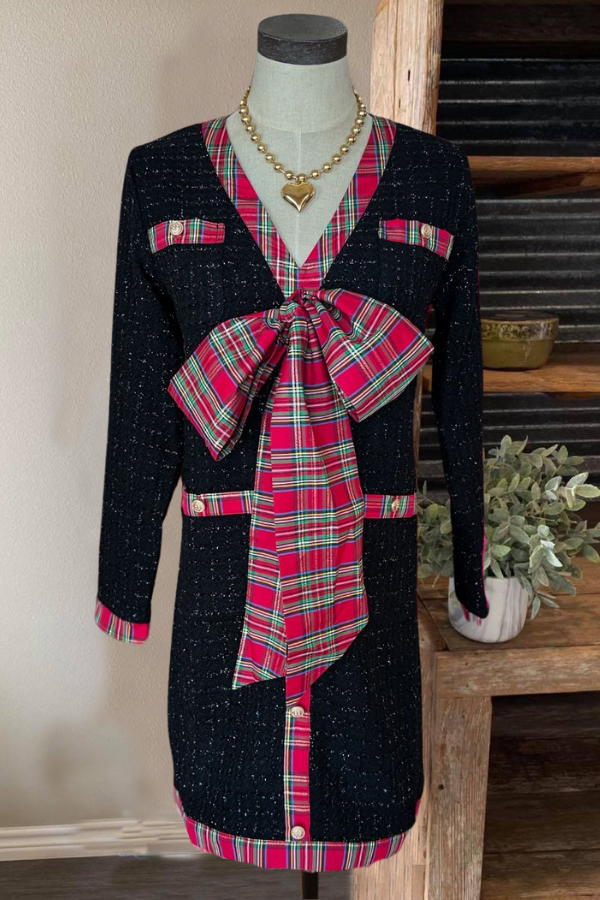 Plaid Bow Ribbon Tweed Dress