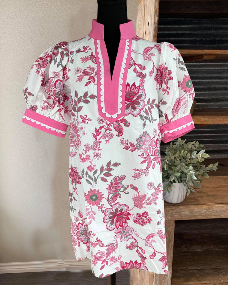 Floral Embroidered Wavy Trim Dress