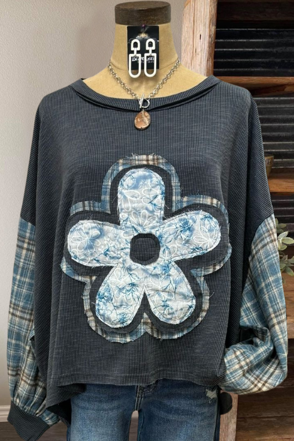 Floral Plaid Patch Pullover