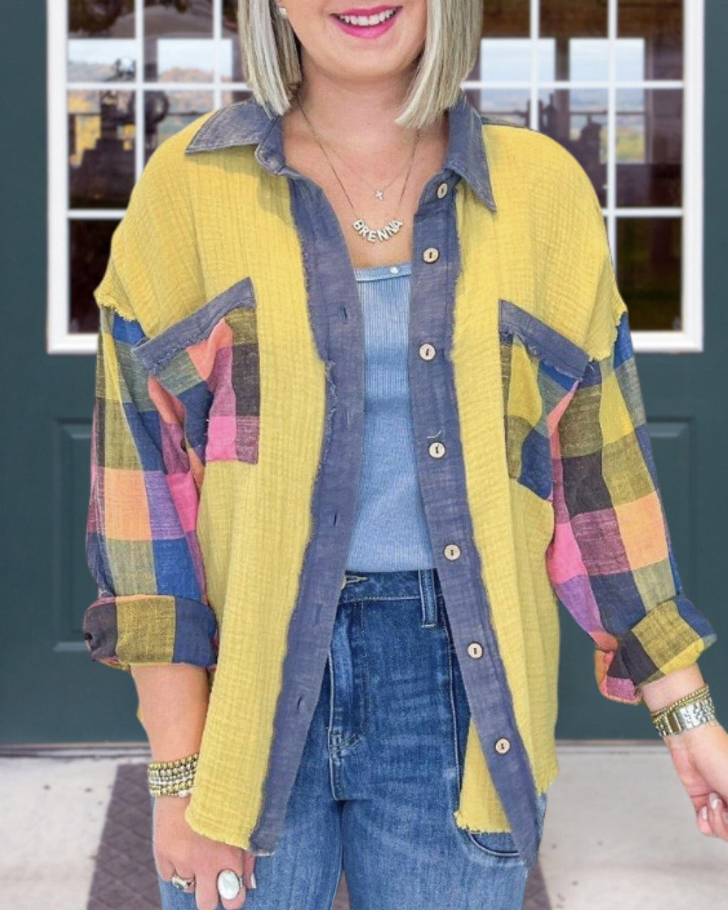 Plaid Patch Colorblock Shirt