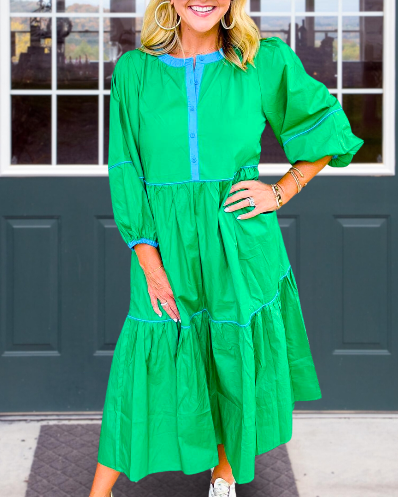 Green Tiered Poplin Midi Dress