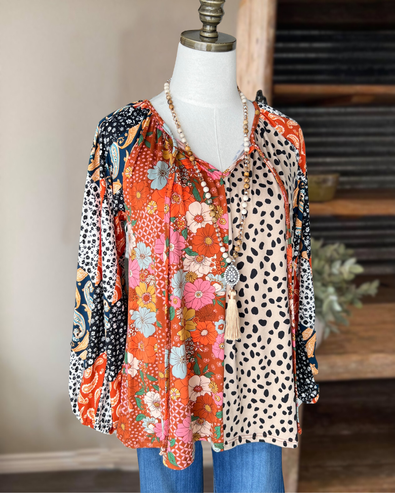 Floral Animal Patchwork Print Top