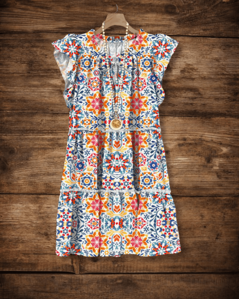 Vintage Boho Print Ruffled Midi Dress