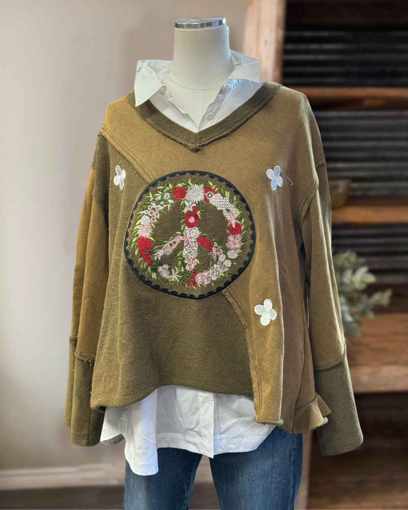 Peace & Flowers Embroidery Pullover