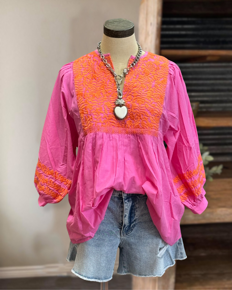 Pink + Orange Embroidered Top