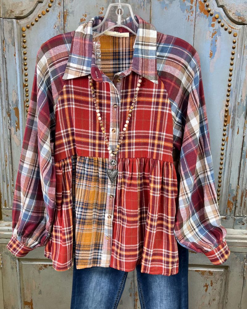 Red Patchwork Plaid Babydoll Shirt