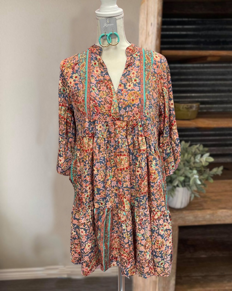 Mix Floral Tiered Long Sleeve Dress